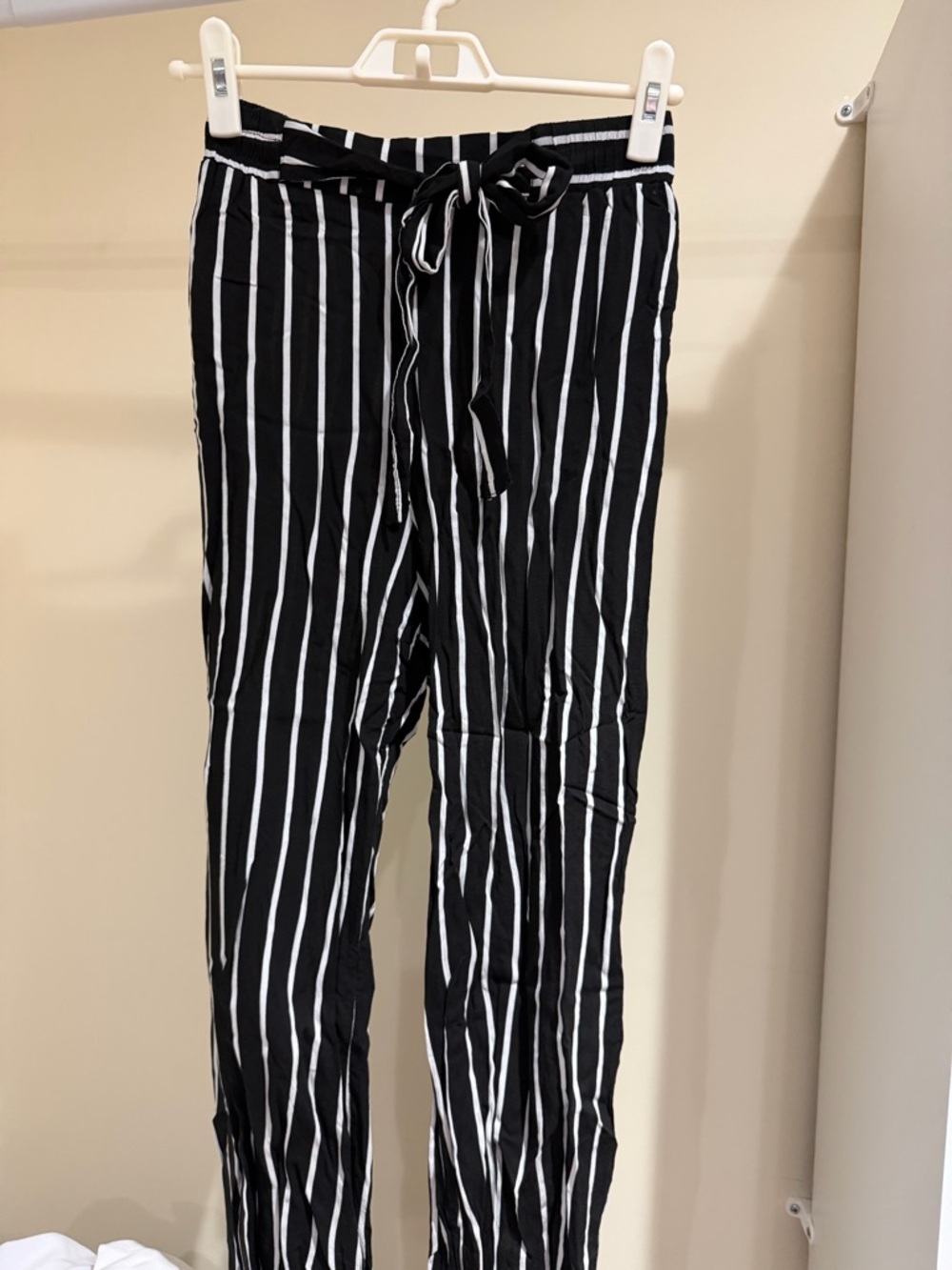 Ambiance Black and White Vertical Stripe Paperbag Waist Pants